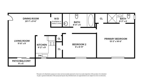 Floor plan for 2 beds, 2 baths, 950 sqft